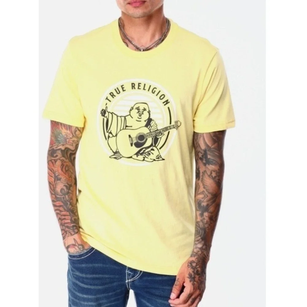 Mens True Religion Yellow Buddha Logo  Crew T-shirt Size Med